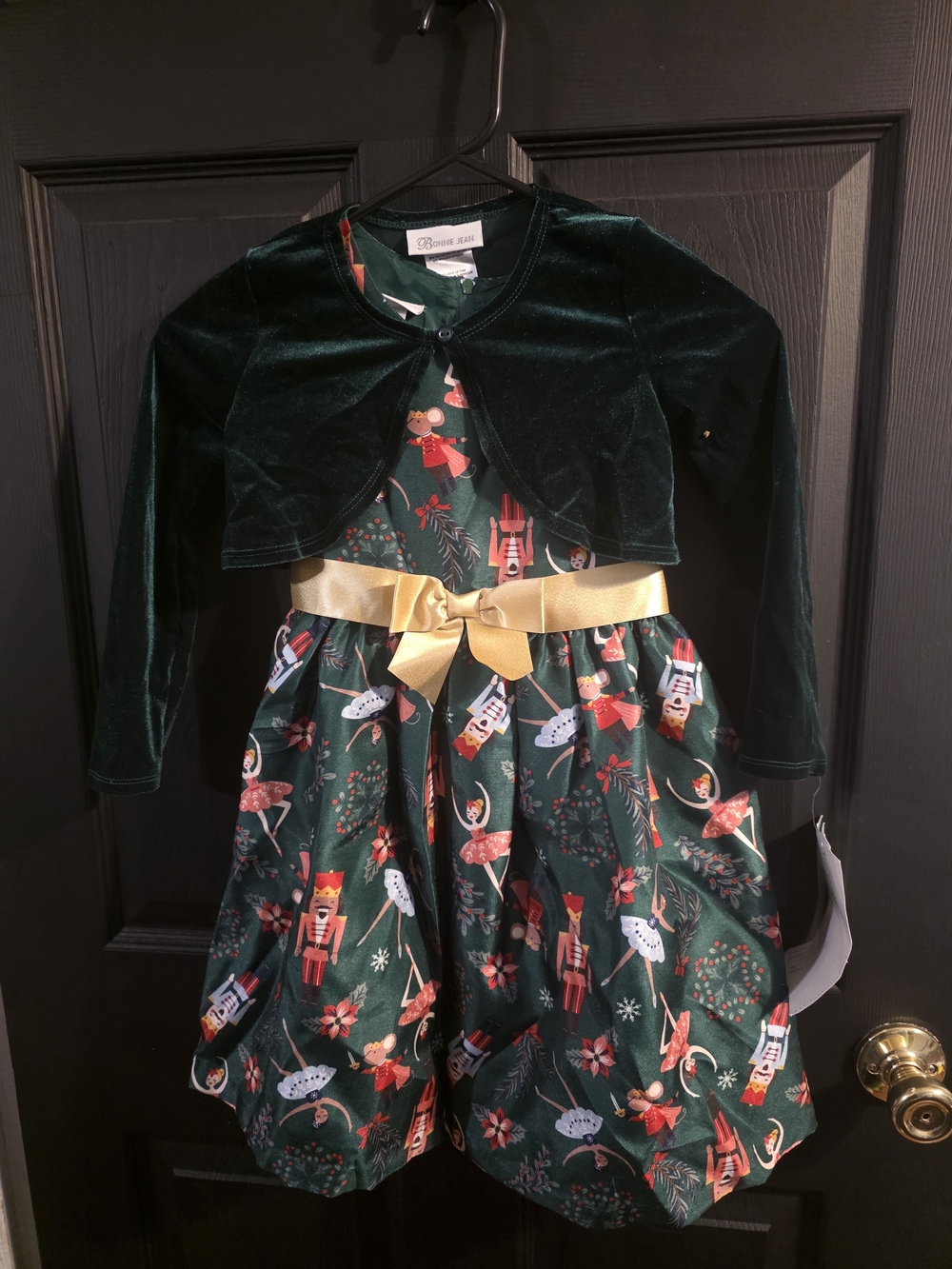 Bonnie Jean Dark Green Nutcracker & Ballerina Dress with Gold Sash